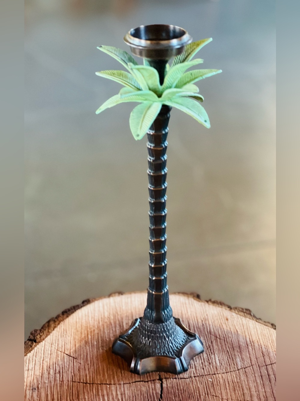 Palm Tree Leaf Metal Candle Holder in Green and Bronze